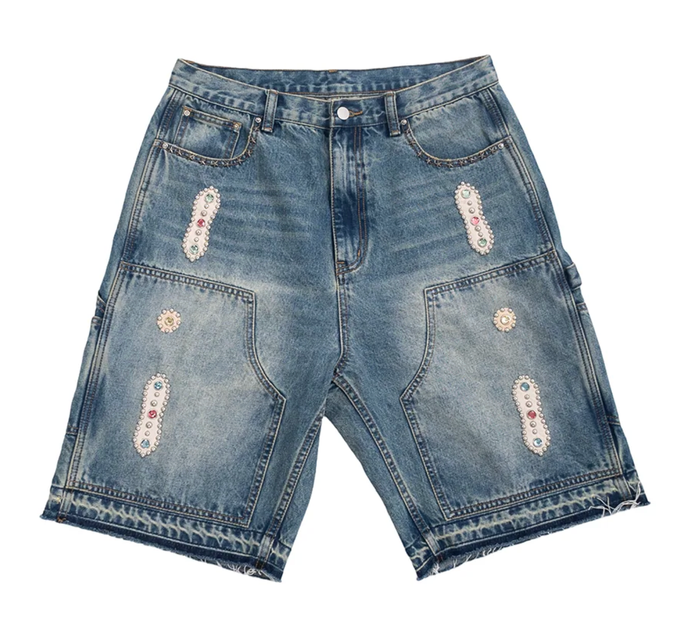 JAPANESESORROWS 15 O.Z. EMBELLISHED DOUBLE KNEE DENIM SHORTS
