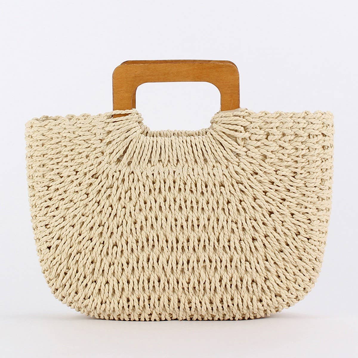 Paper Woven Bag with Wooden Handle - White & Short Handle, (OS) 1