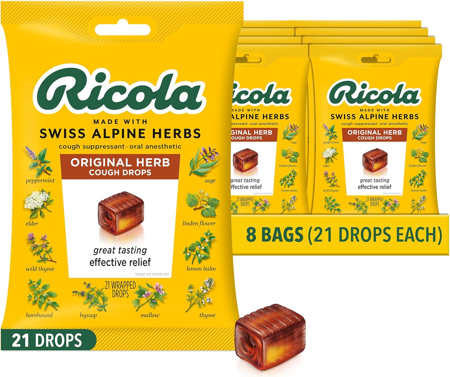 Ricola Swiss Cough Drop Sugar Free Swiss 21 Count Bag 8 ct Tray