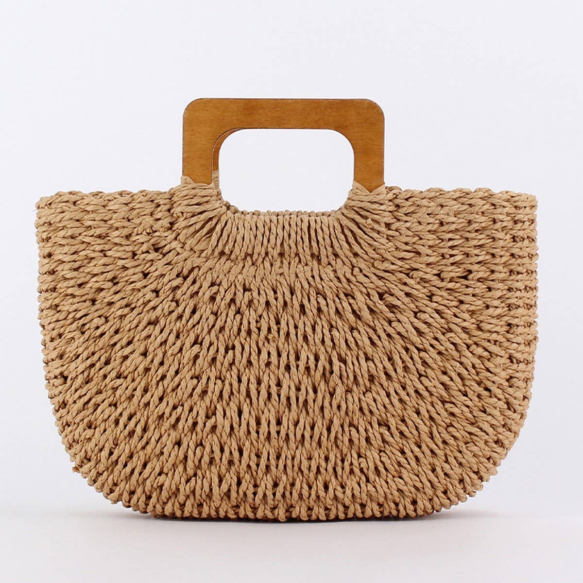 Paper Woven Bag with Wooden Handle - Brown & Short Handle, (OS) 1