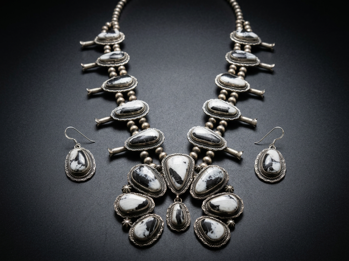 Squash Blossom - Sterling Silver White Buffalo Jewelry Set #032