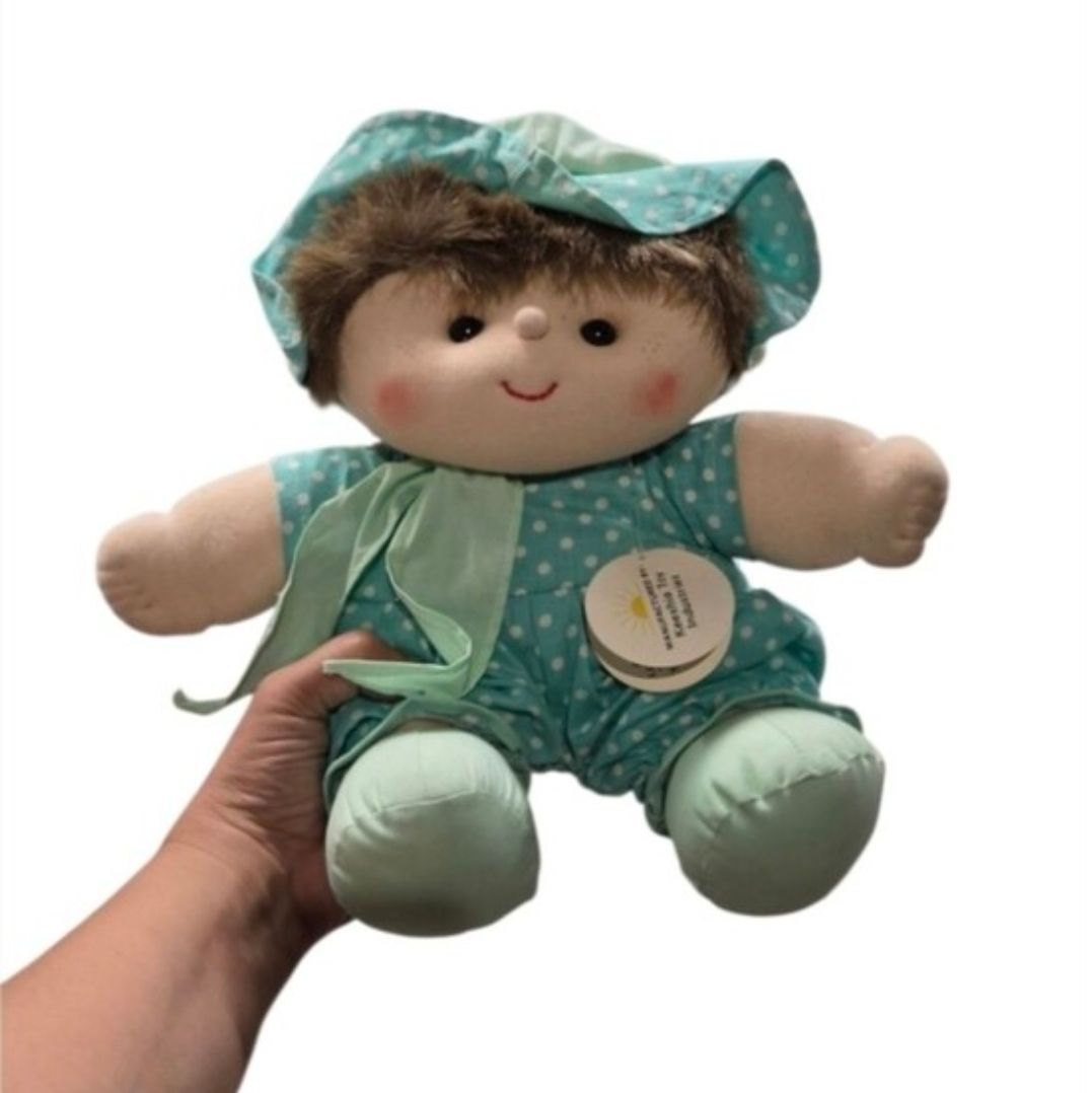 Vintage Keeshia Toy Industries Plush Baby Doll in Mint Polka Dot Outfit