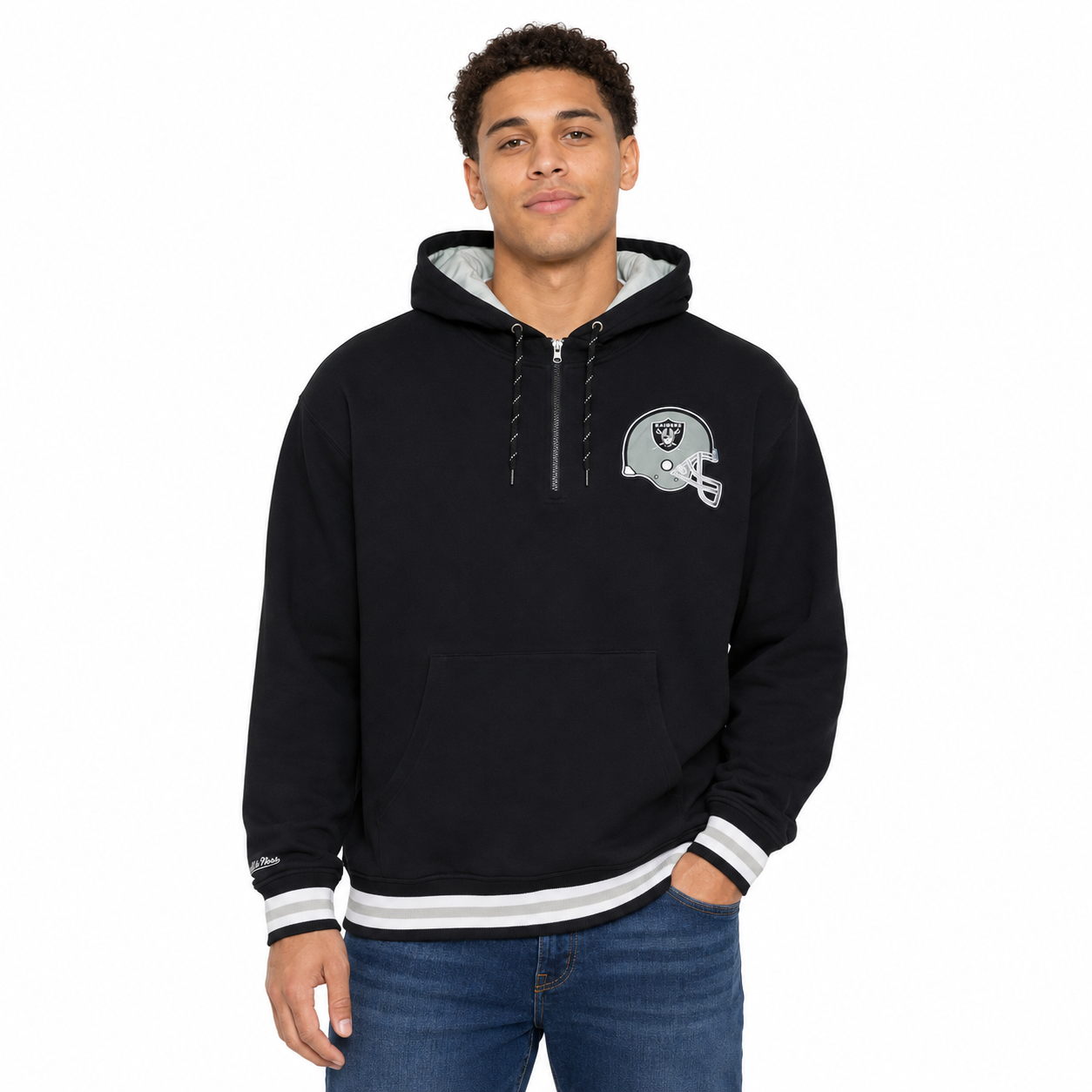 Oakland Raiders Gridiron Classic Mitchell and Ness 1/4 Zip Quilted Hooded Sweatshirt