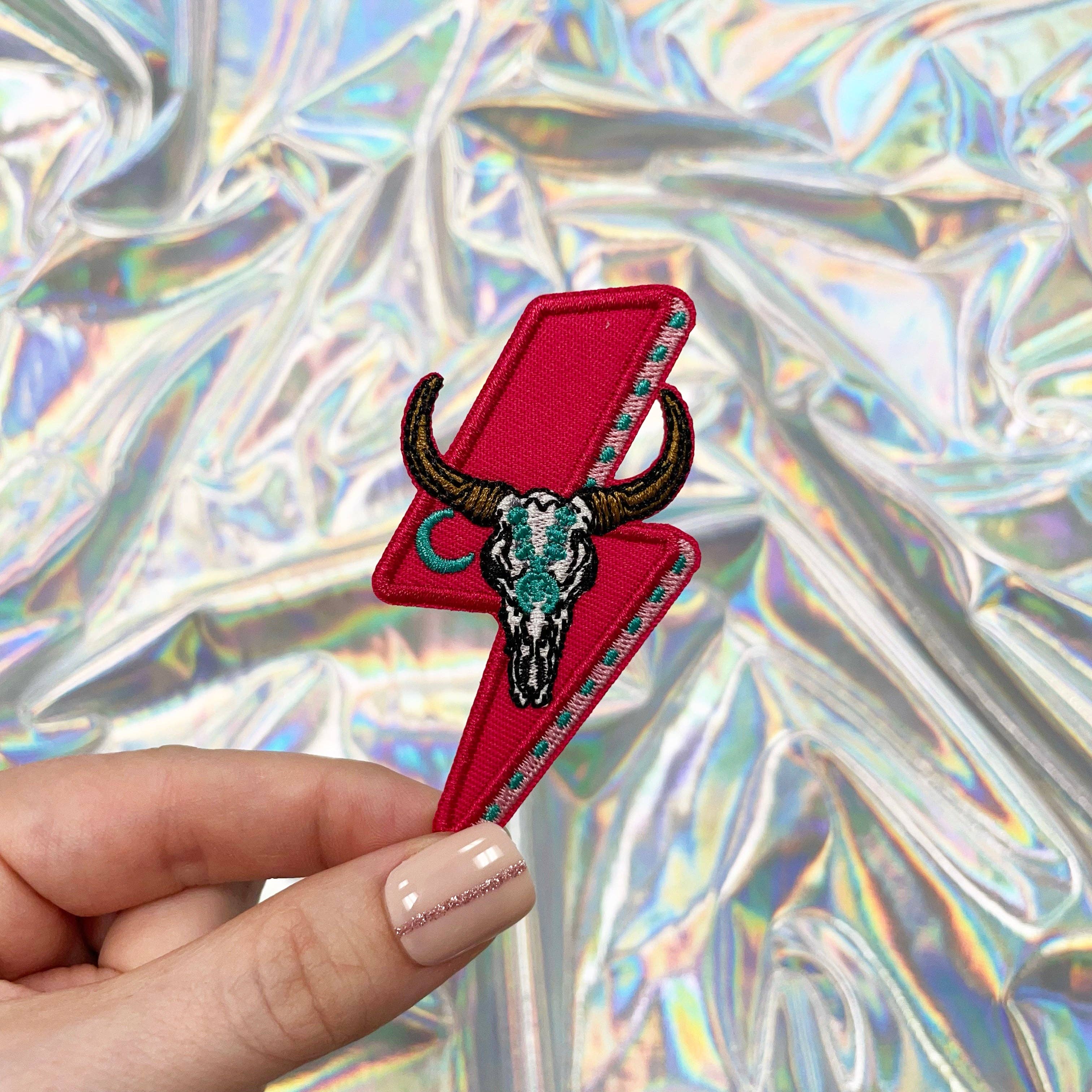 Pink Lightning Steer Skull Patch