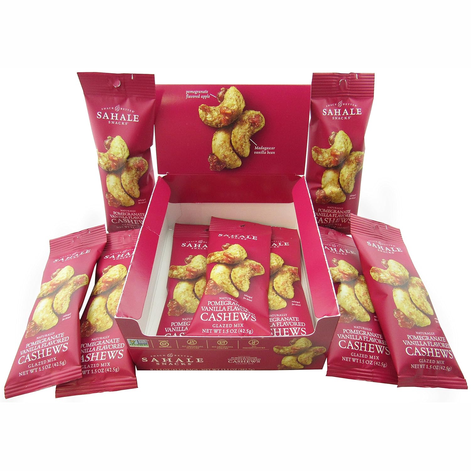 Sahale Pomegranate Vanilla Flavored Cashews 1.5 0z 9 ct Tray