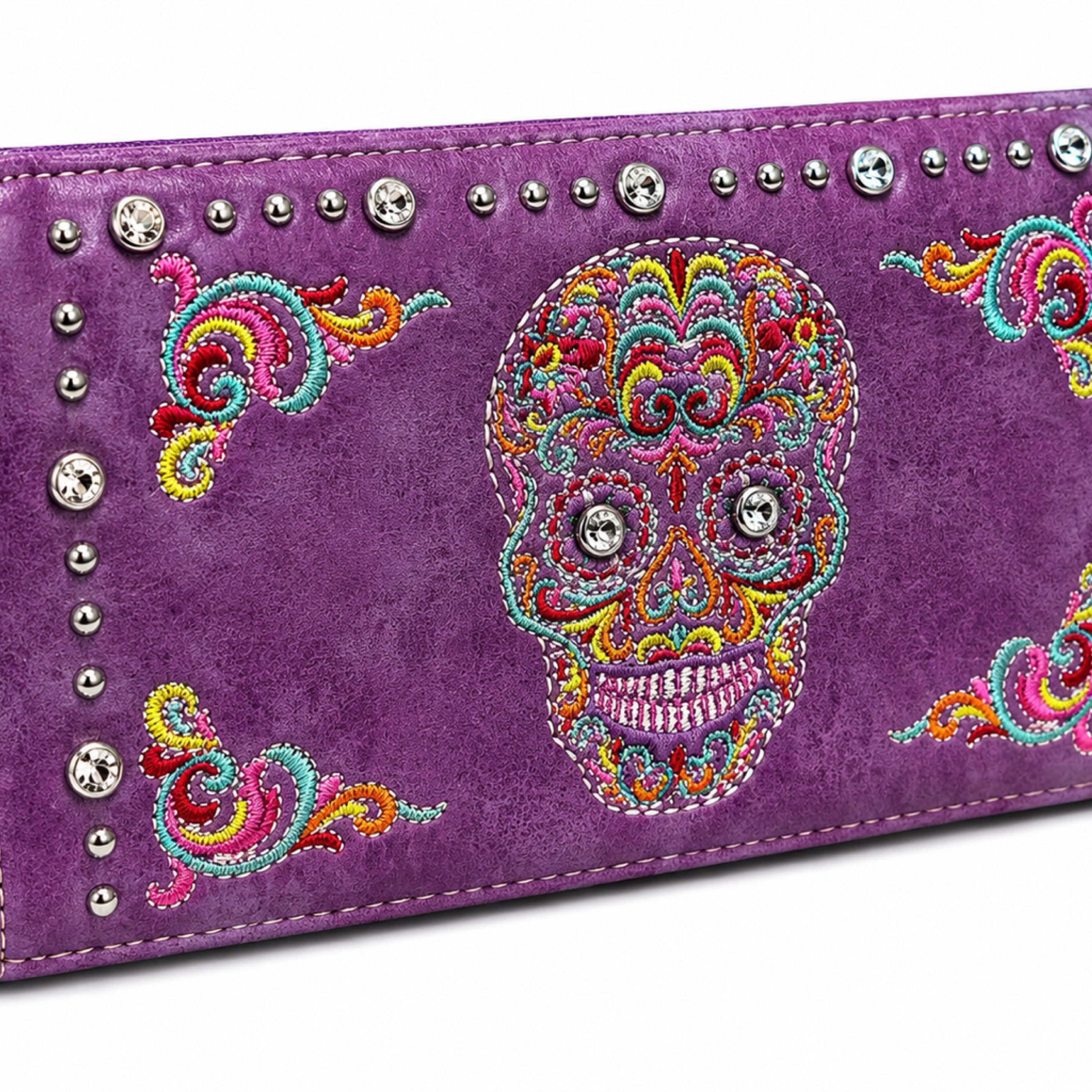 Purple Sugar Skull Embroidered Zip Wallet