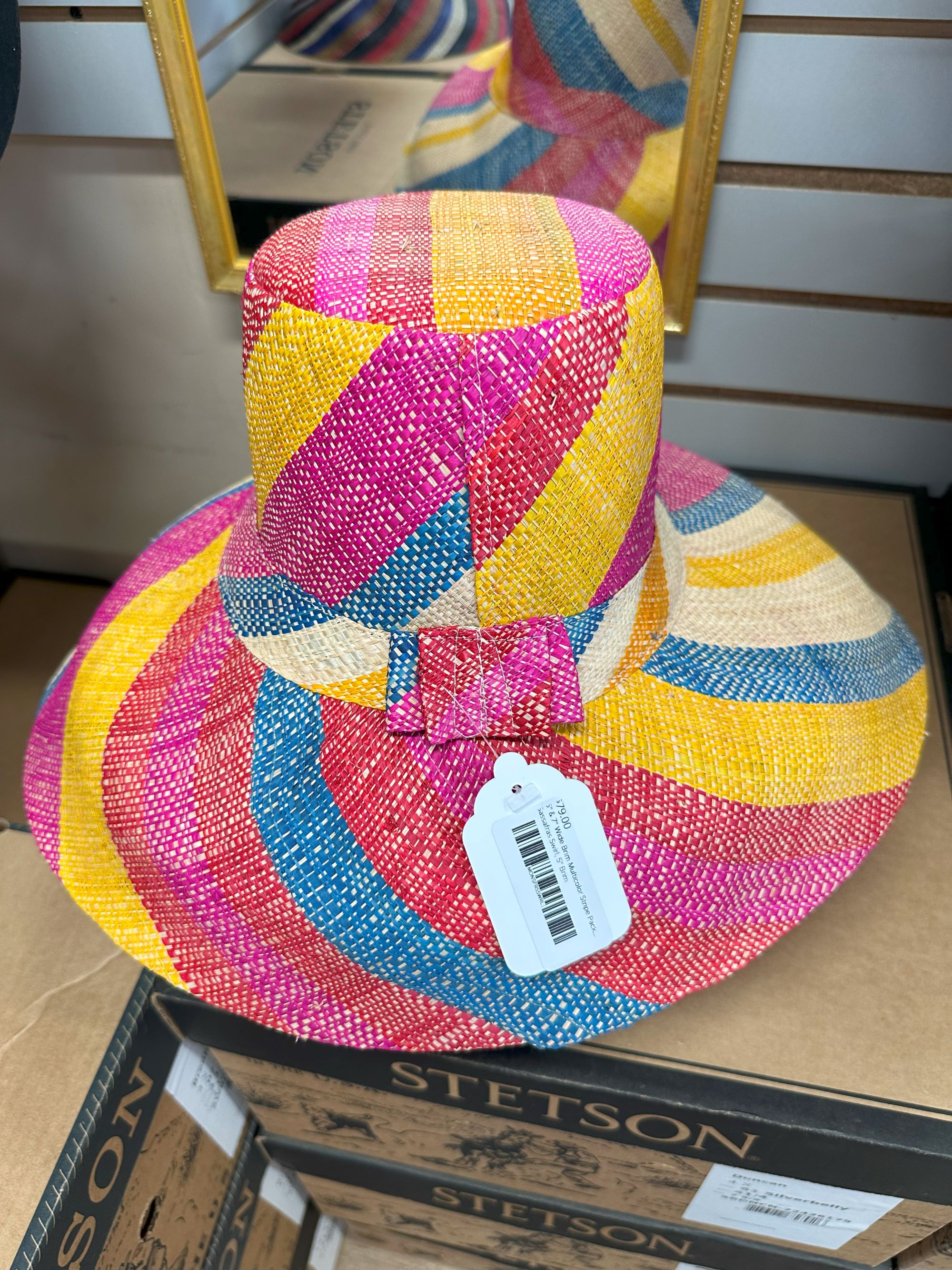 5" & 7" Wide Brim Multicolor Stripe Packable Straw Sun Hats