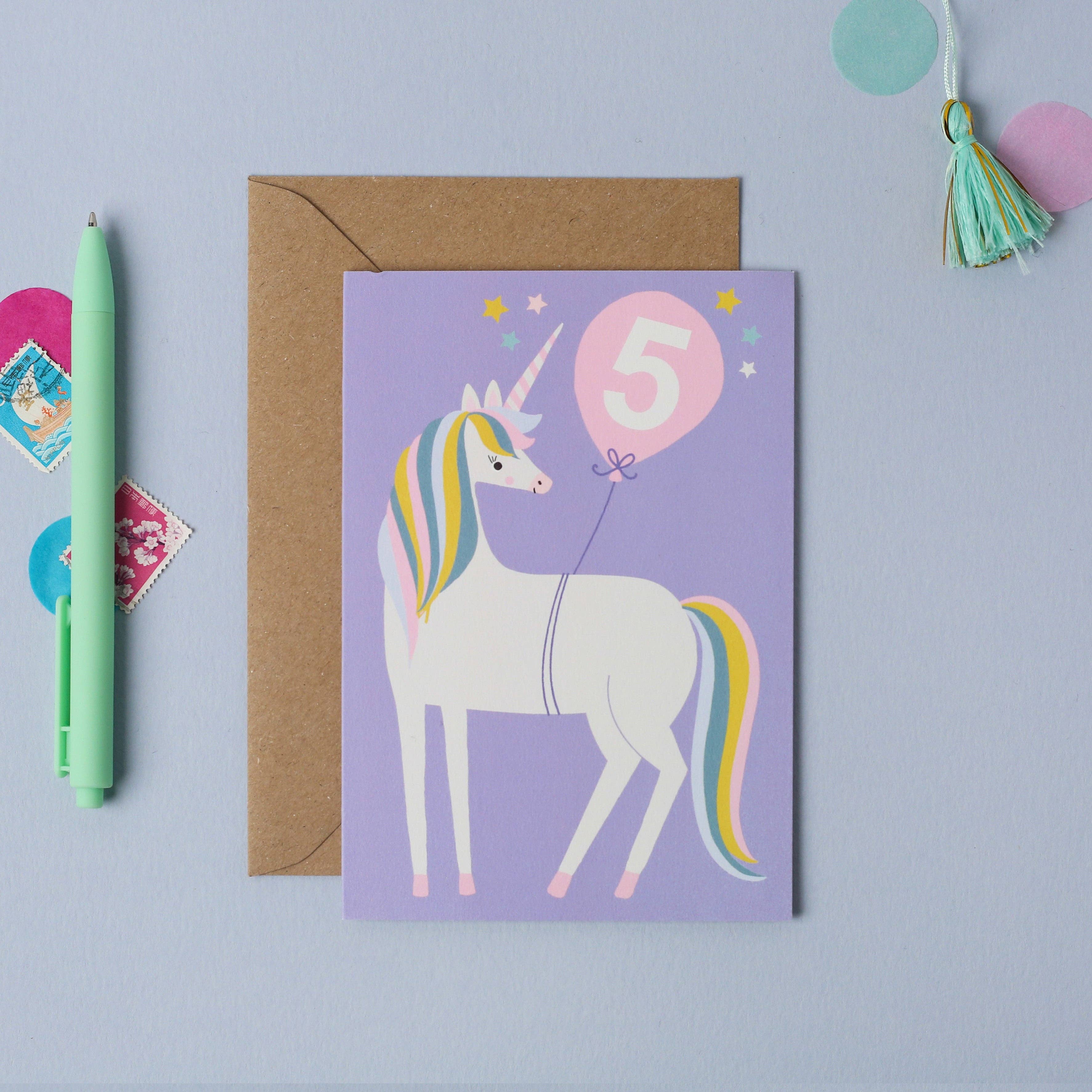Unicorn Age 5 Birthday Card