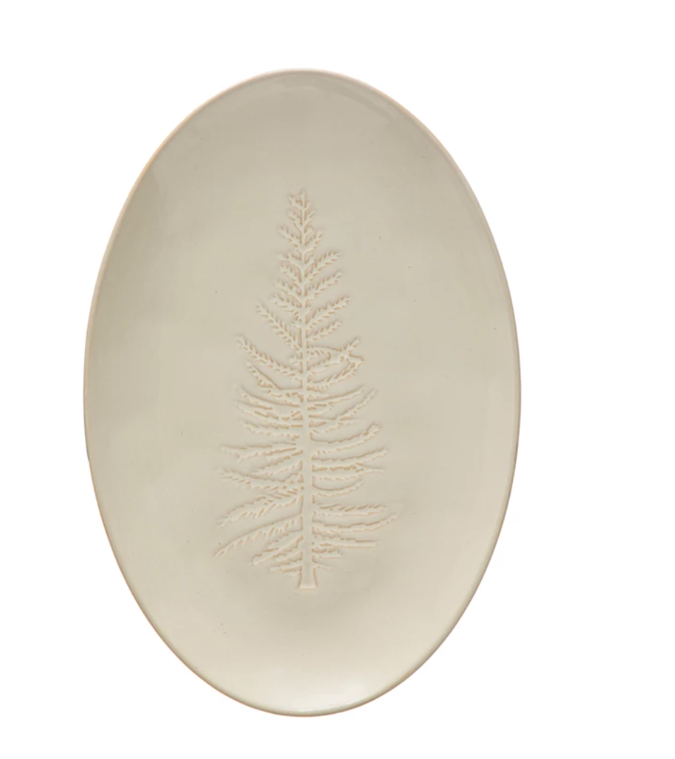 Debossed Stoneware Platter w/ Tree Design, White