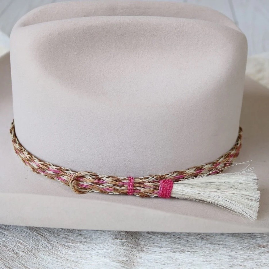 Willow Genuine Horsehair 6 Strand Braided Hat Band with Single Tassel - Pink