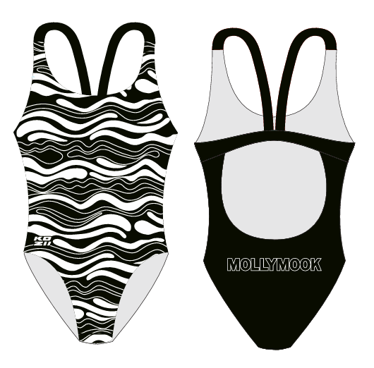 Front and back views of the black-and-white wave-pattern Mollymook one-piece swimsuit.