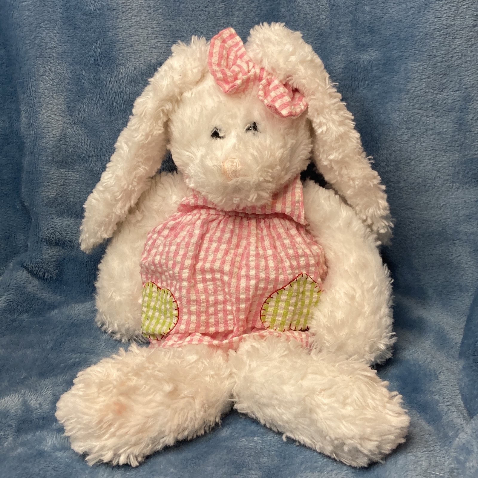 Soft Long White Ear Bunny with Pink Dress Green Heart stitch plush