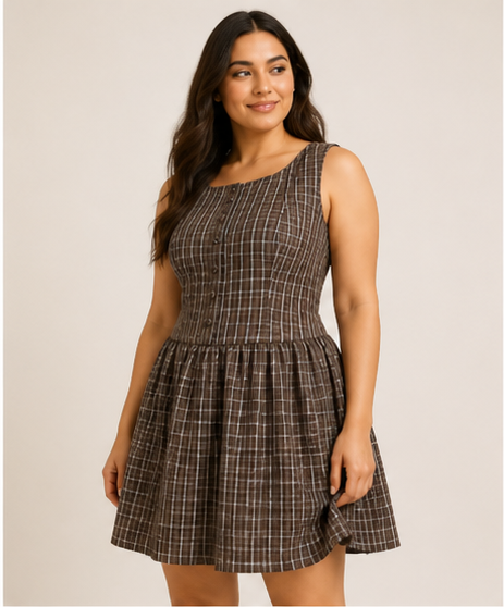Plaid Button Front Boat Neck Sleeveless Mini Dress