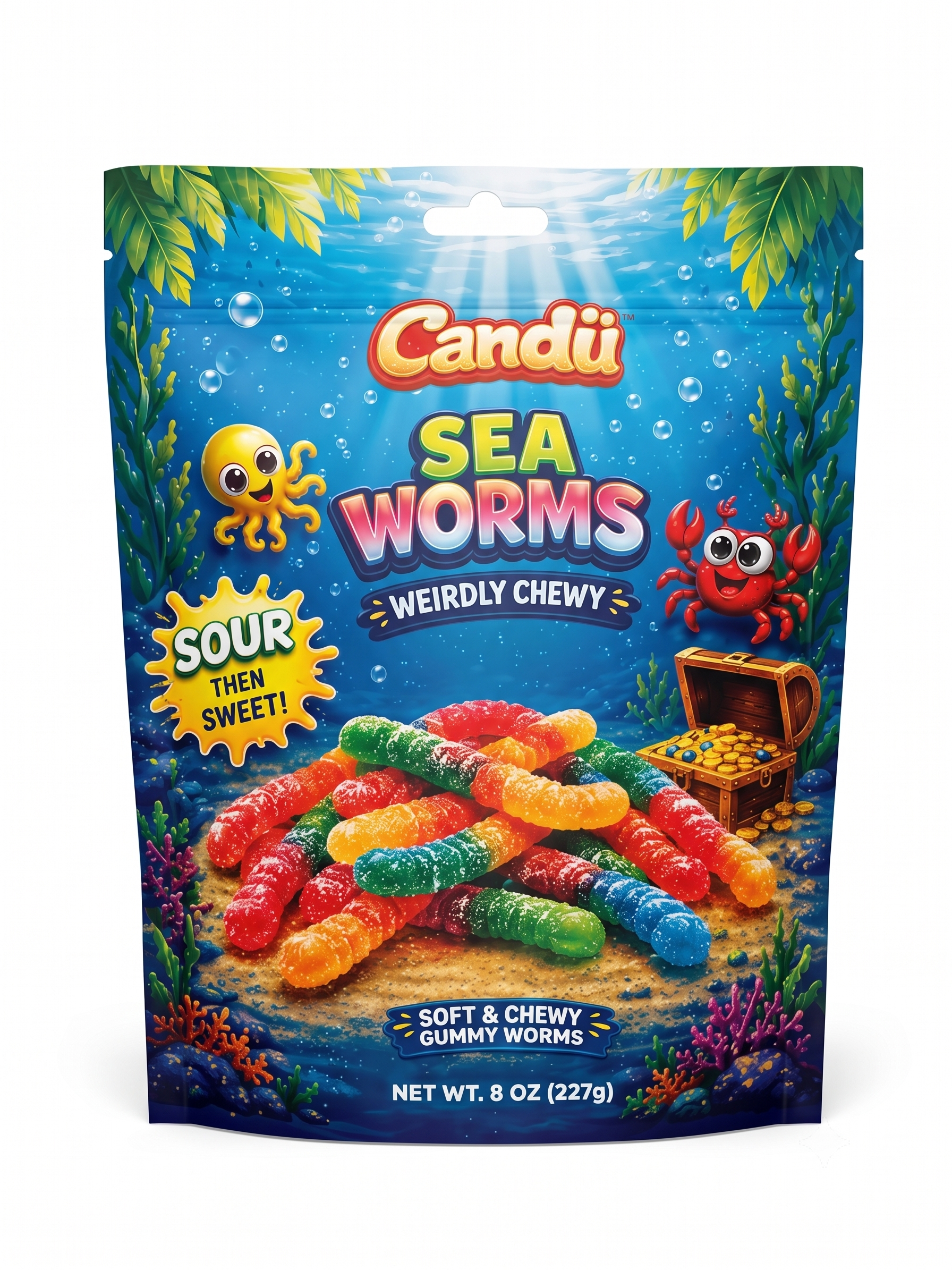 Candu Deep Sea Sour Gummy Worms Candy Assorted Fruit  8oz 12 Pack