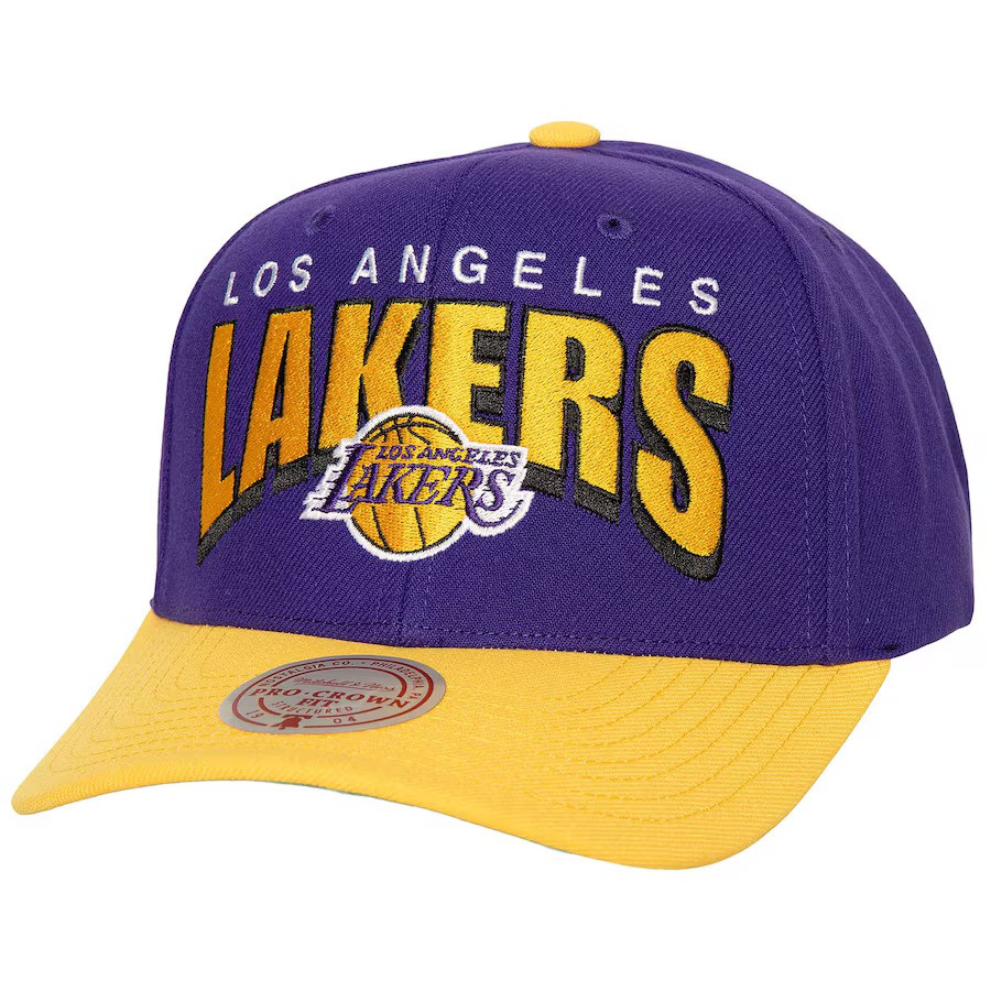 Los Angeles Lakers Boom Text Mitchell and Ness Pro Crown Snapback Hat