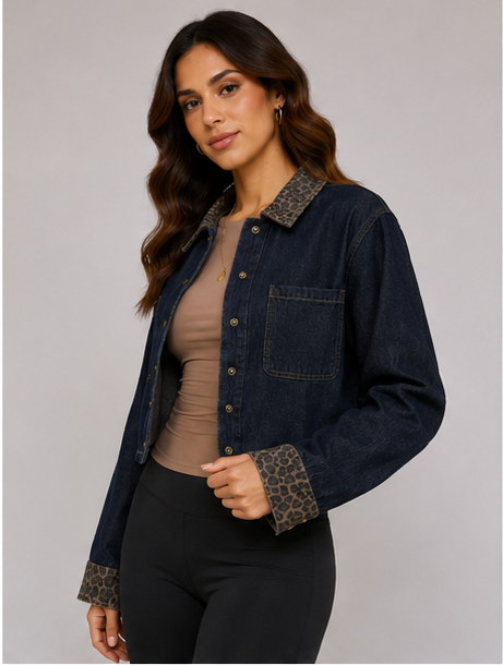 Leopard Collar Cropped Denim Shacket