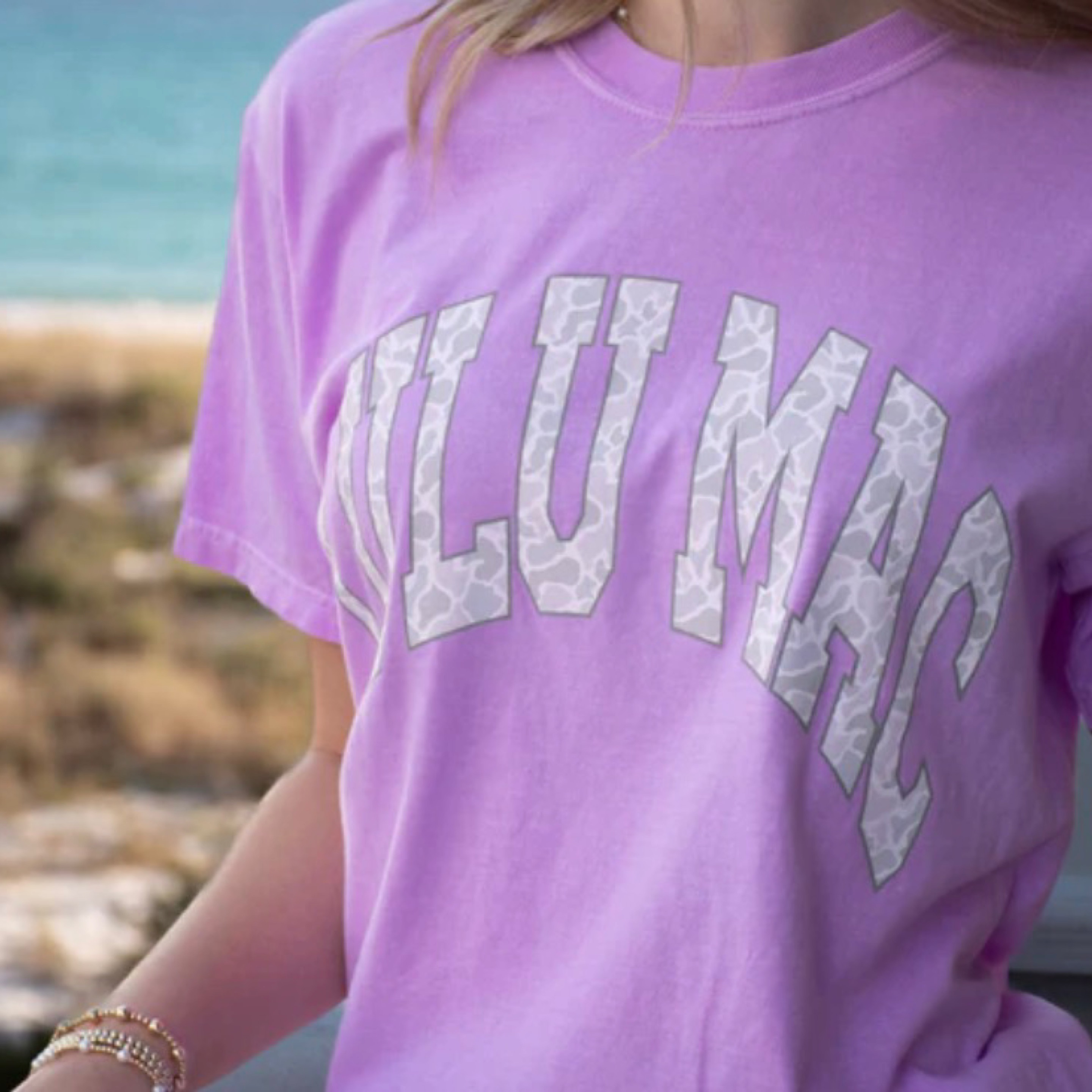 Lulumac t shirt purple/white camo — Bama Tan boutique, Tuscaloosa AL