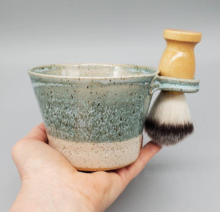 Shave Bowl -Turquoise Hand-thrown, in Ohio, Stoneware Ceramic & brush