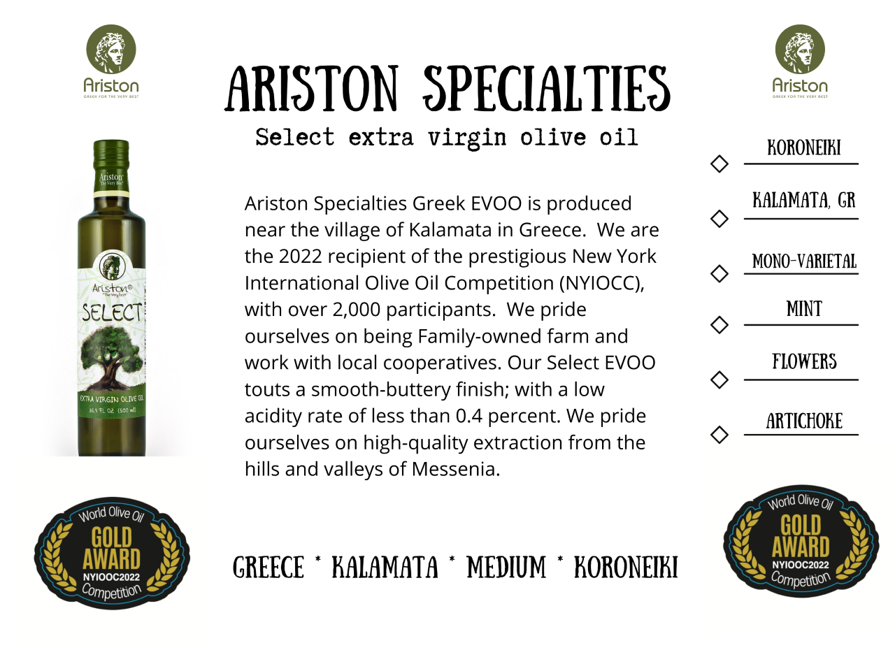 Ariston Select EVOO in a Cleopatra Bottle 8.45 oz