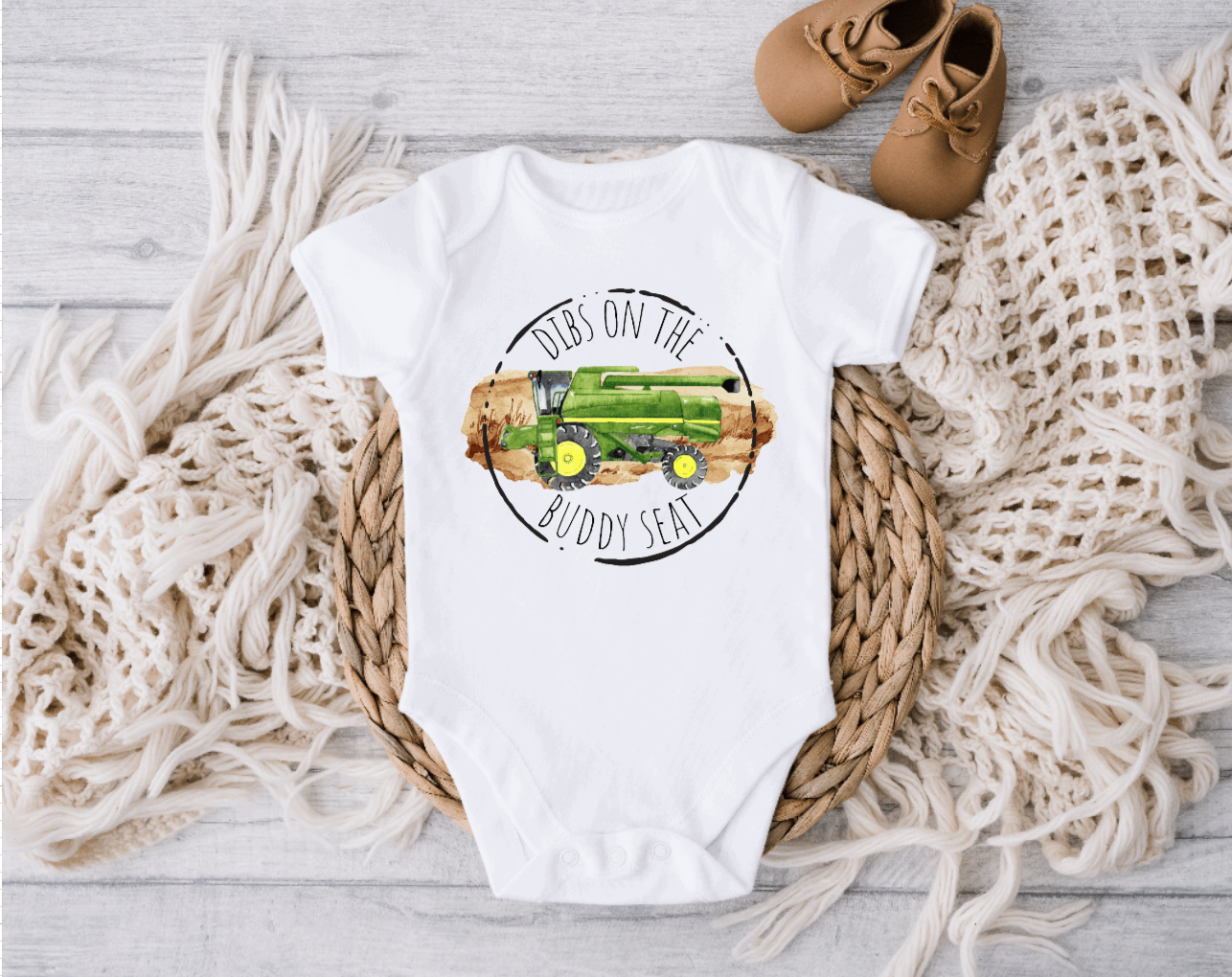 Dibs on the Buddy Seat Green Combine Tractor Onesie