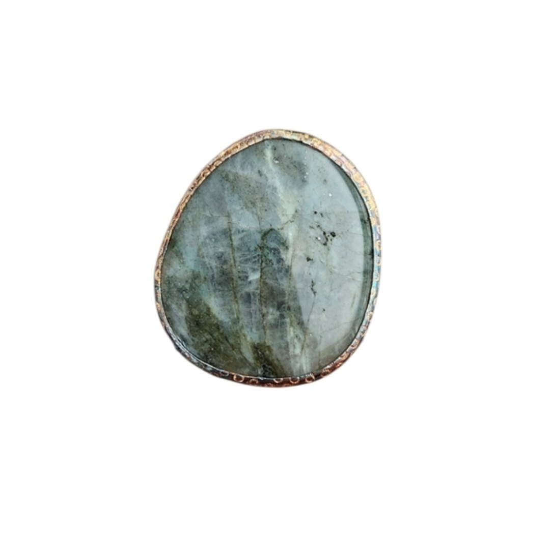 Size 8.5 Labradorite Statement Ring in Gray-Green with Tarnished Copper Bezel