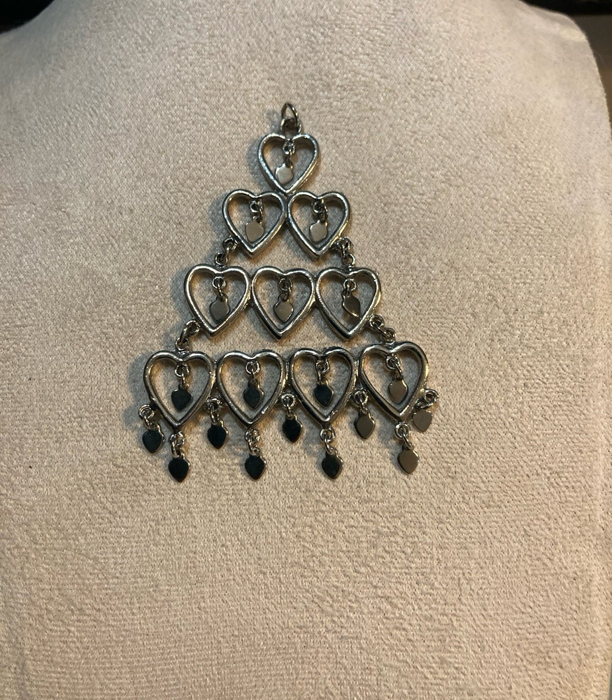 Vintage Pendant Silver tone metal Hearts Charm Stack Pyramid