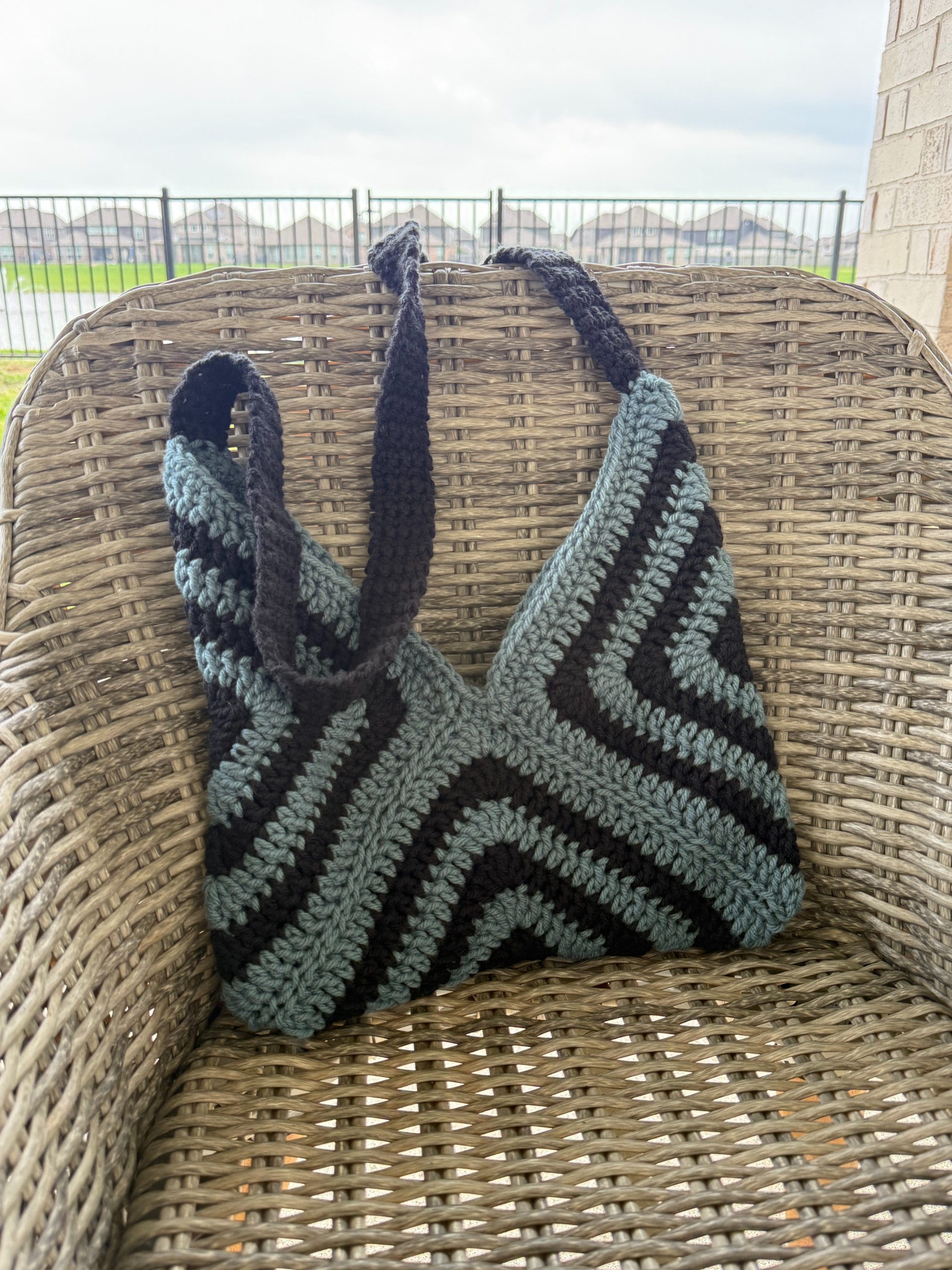 Chevron Tote – Dusty Blue & Black Striped Shoulder Bag