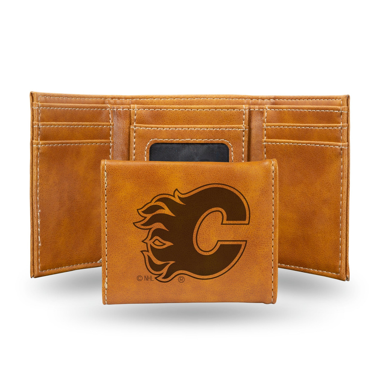 Calgary Flames Laser Engraved Trifold Leather Wallet
