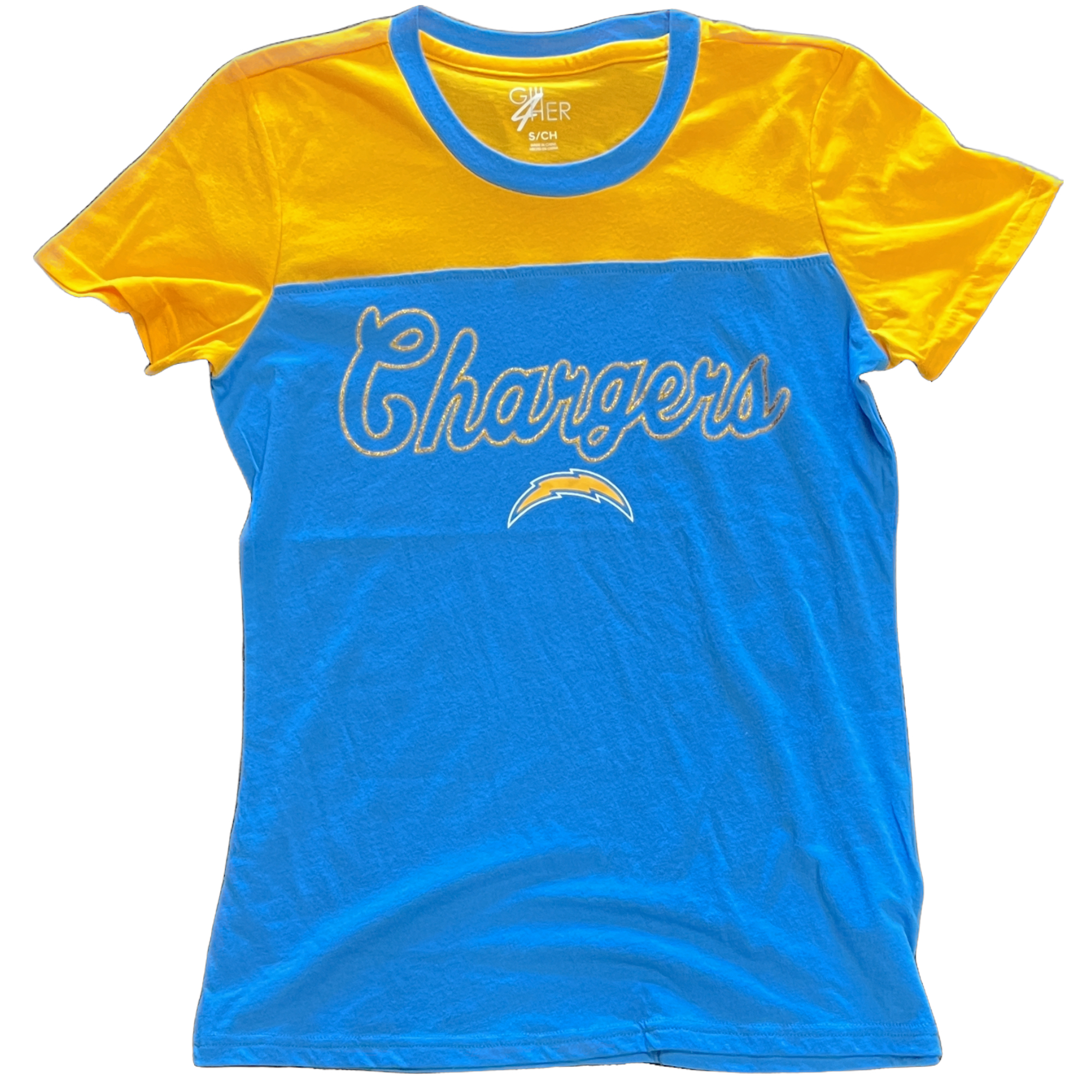Los Angeles Chargers Ladies Powder Blue/Yellow Glitter g-III Shirt