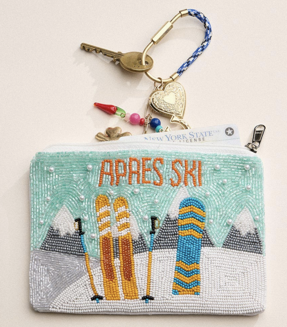 Apres Ski Beaded Mini Pouch with Skis and Snowboard
