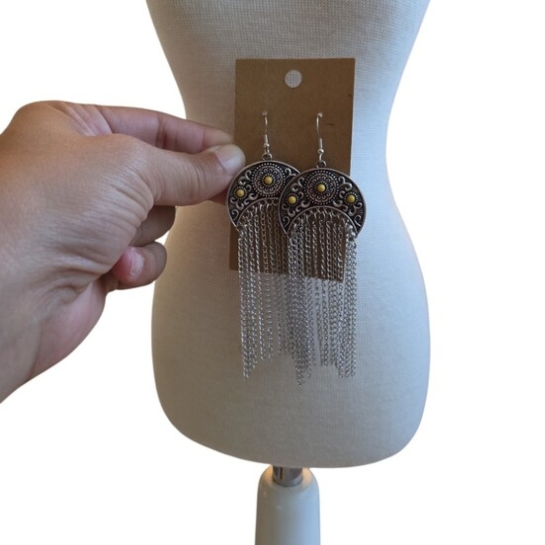Silver Toned Yellow Beaded Long Tassel Earrings 4.5"