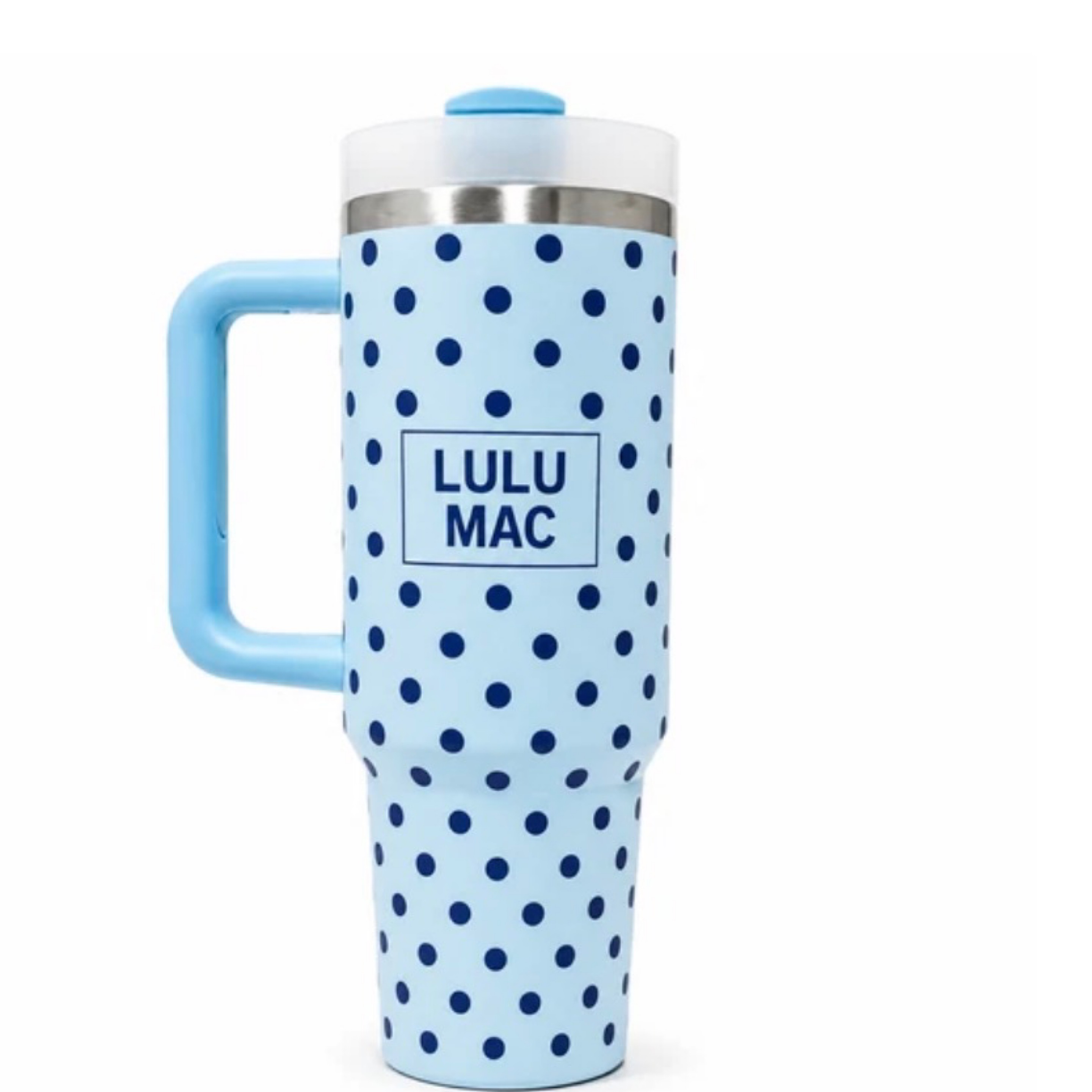 LuLuMac tumbler light blue/navy polka dot — Bama Tan boutique, Tuscaloosa AL