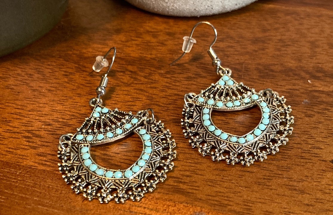 Silver Tone baby blue accents Drop Earrings