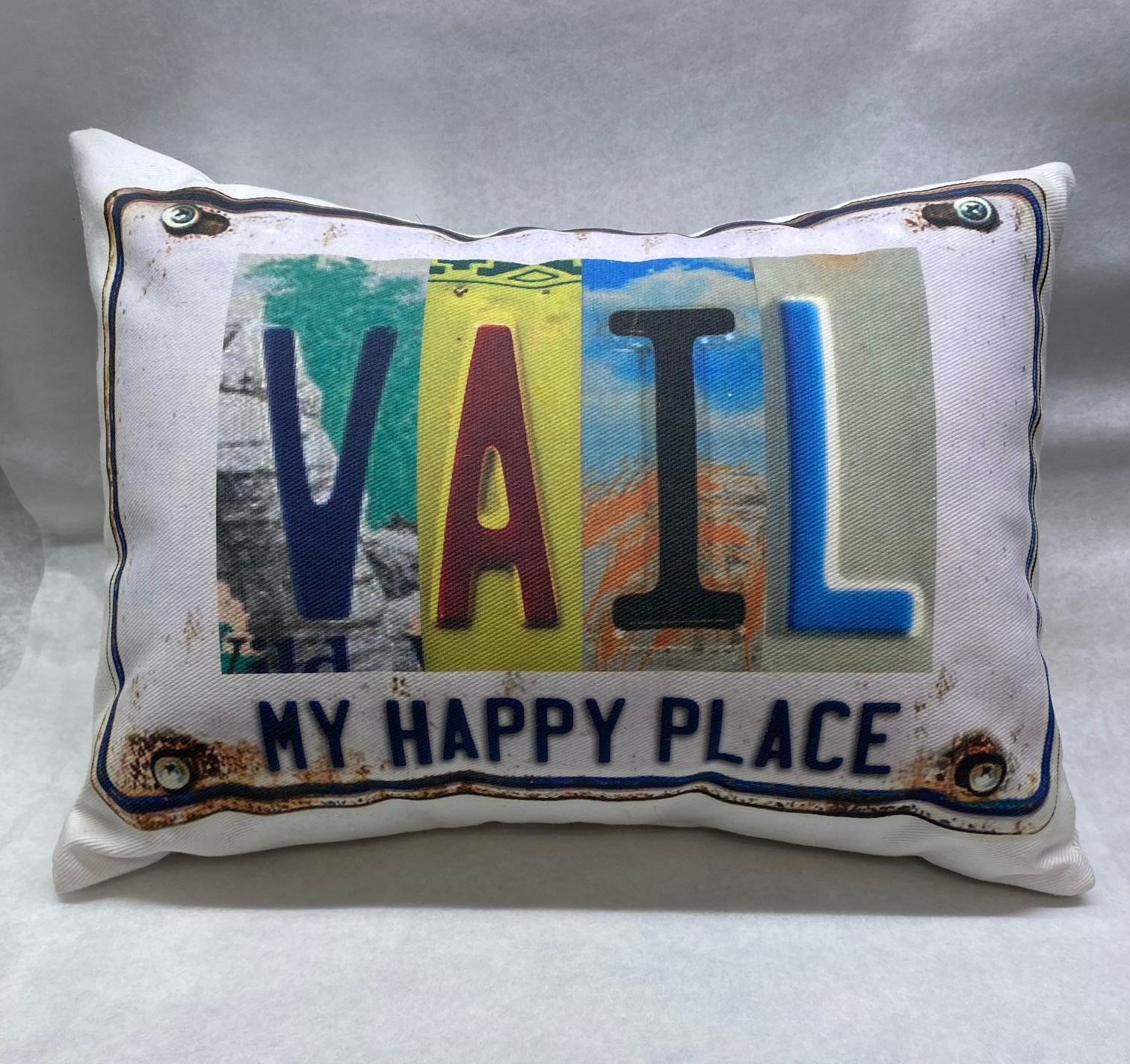 License Plate Pillow Vail Happy Place