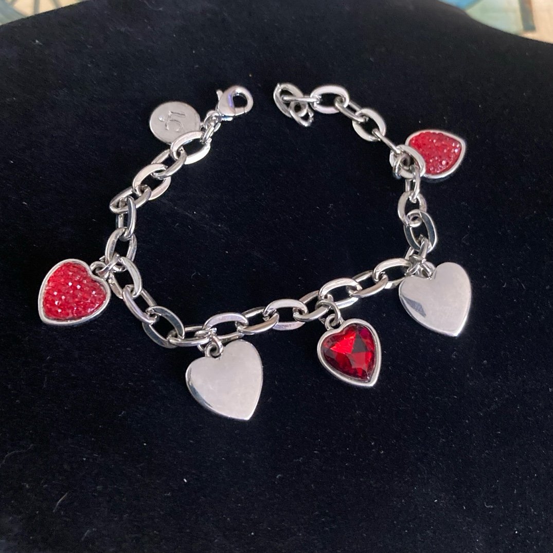 Vintage Liz Claiborne Red Heart Silver Charm Bracelet