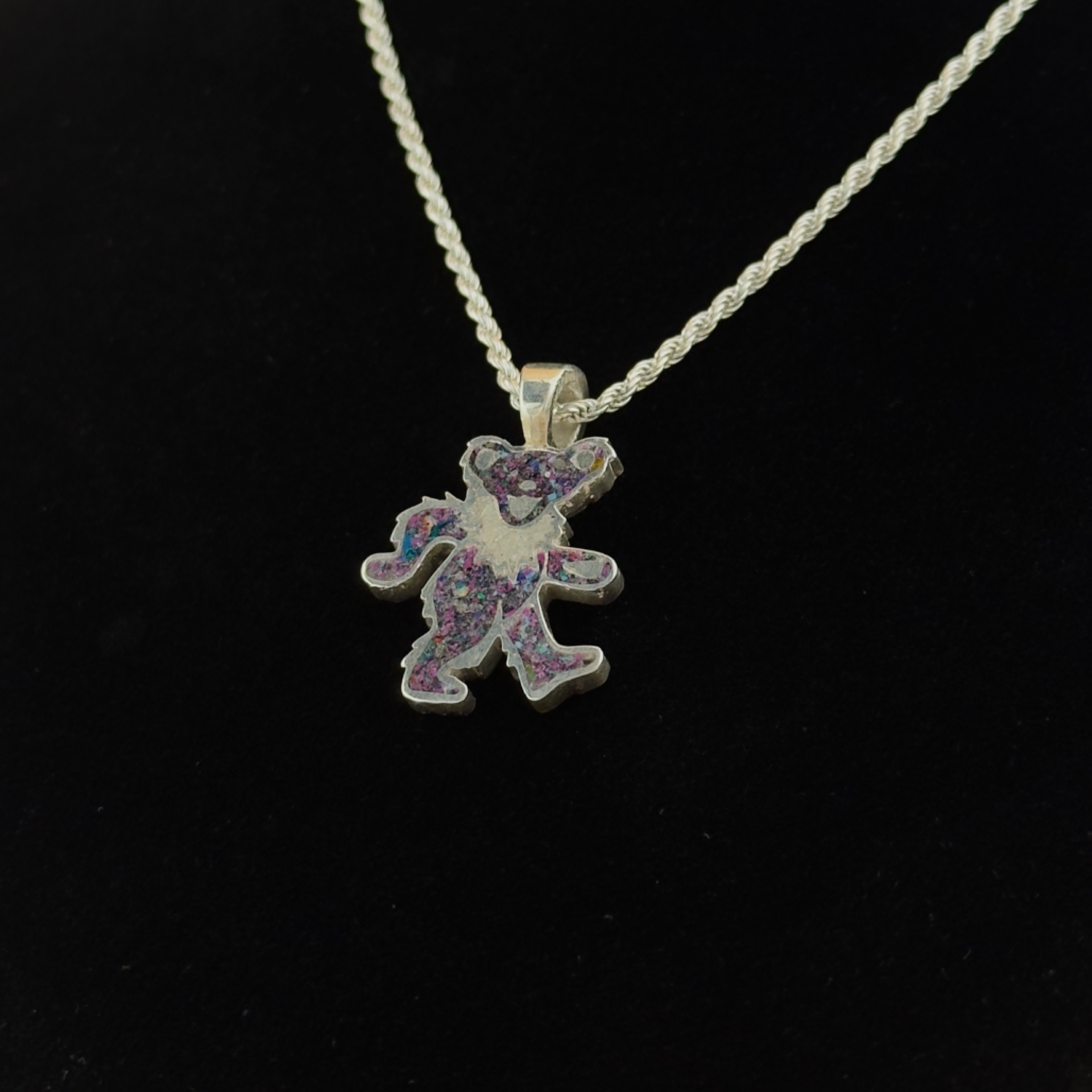 Marching Bear Pendant – Confetti (Mix Of Stone) (UV Reactive), 925 Sterling Silver
