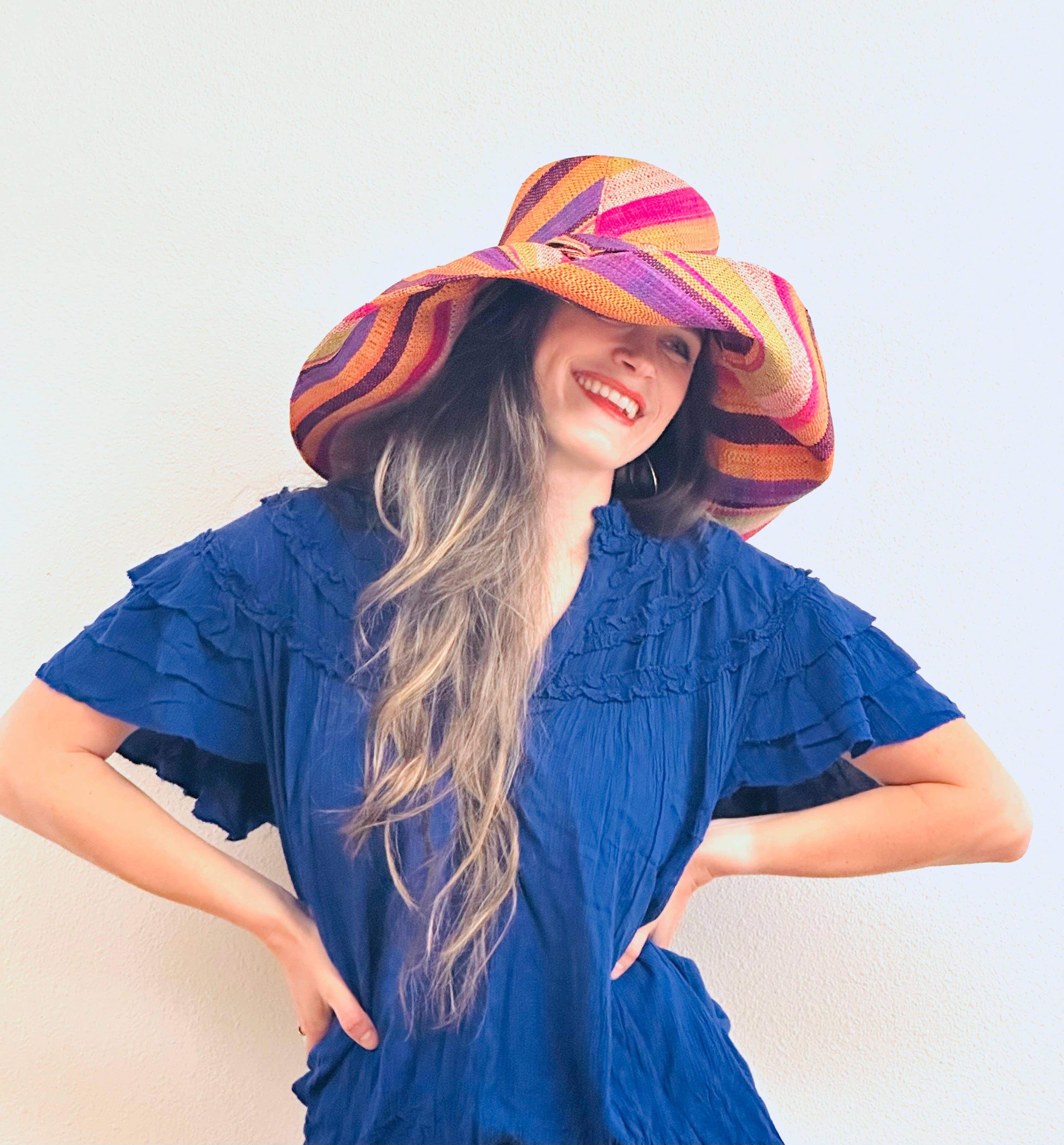 5" & 7" Wide Brim Multicolor Stripe Packable Straw Sun Hats