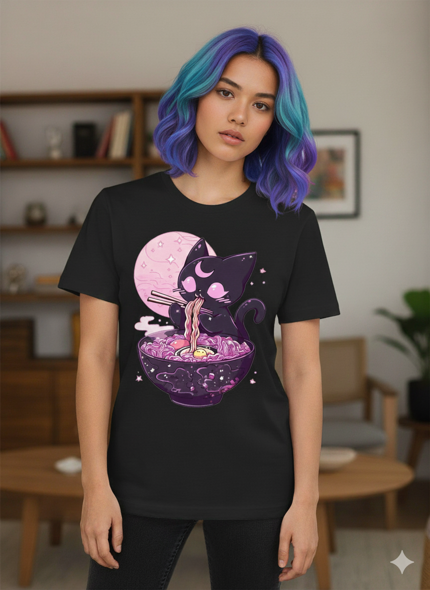 Kawaii Celestial Cat Eating Noodles T-Shirt