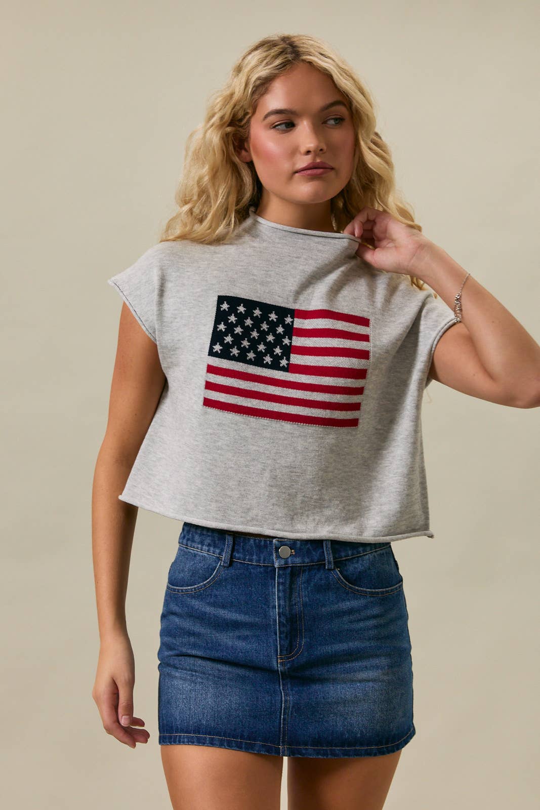 DROP SHOULDER MOCK NECK "USA FLAG" GRAPHIC SWEATER — Bama Tan boutique, Tuscaloosa AL
