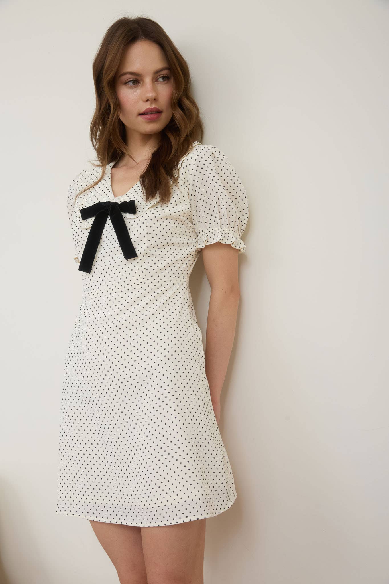 Polka Dot Collared Velvet Tie Mini Dress