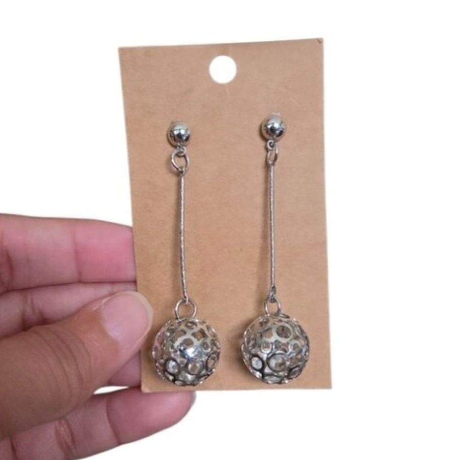 Vintage Silver Toned Long Drop Filigree Ball Earrings 2.25"