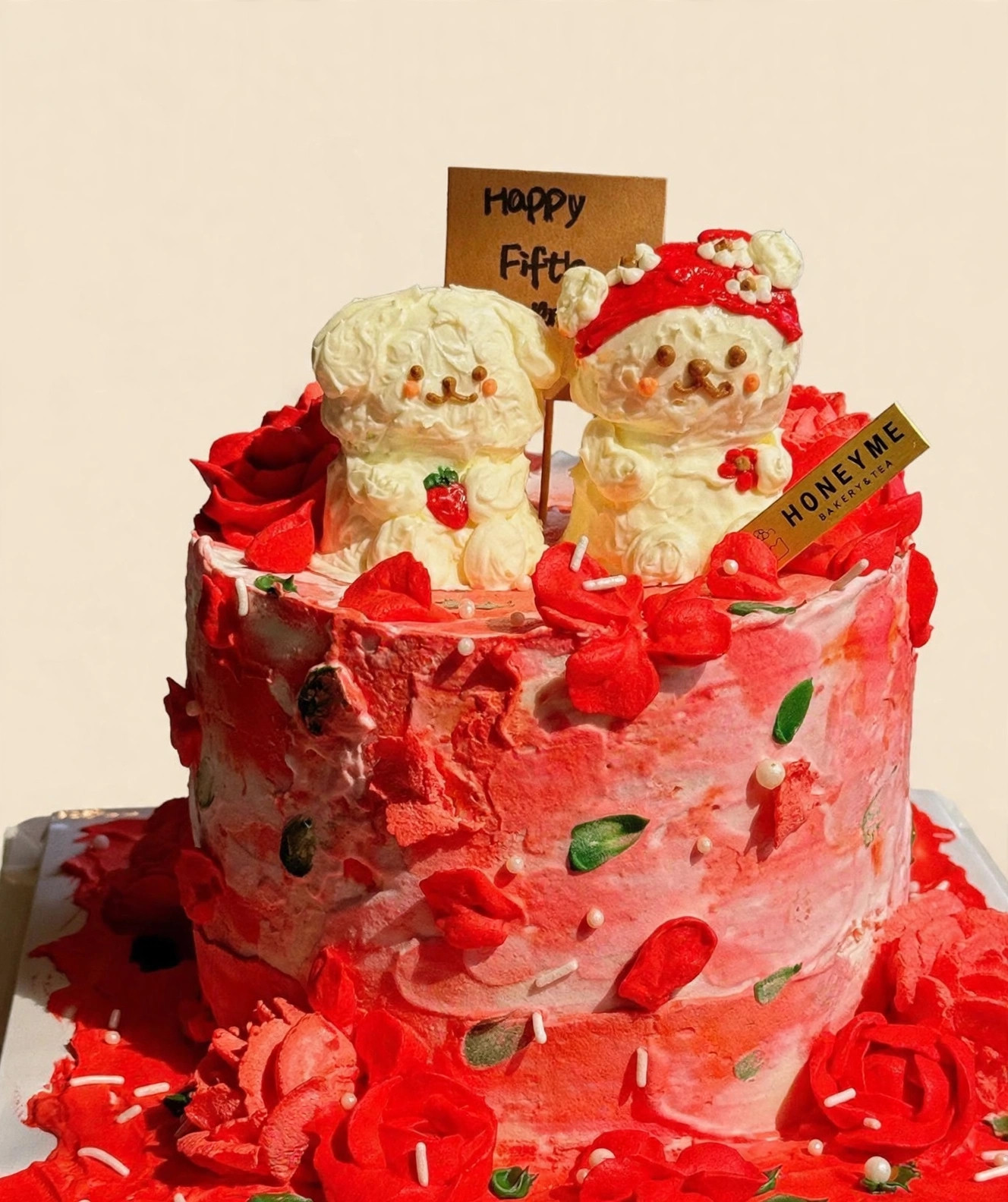 Red Petal Puppy Duo Cake — HoneyMe Bakery, Bellevue