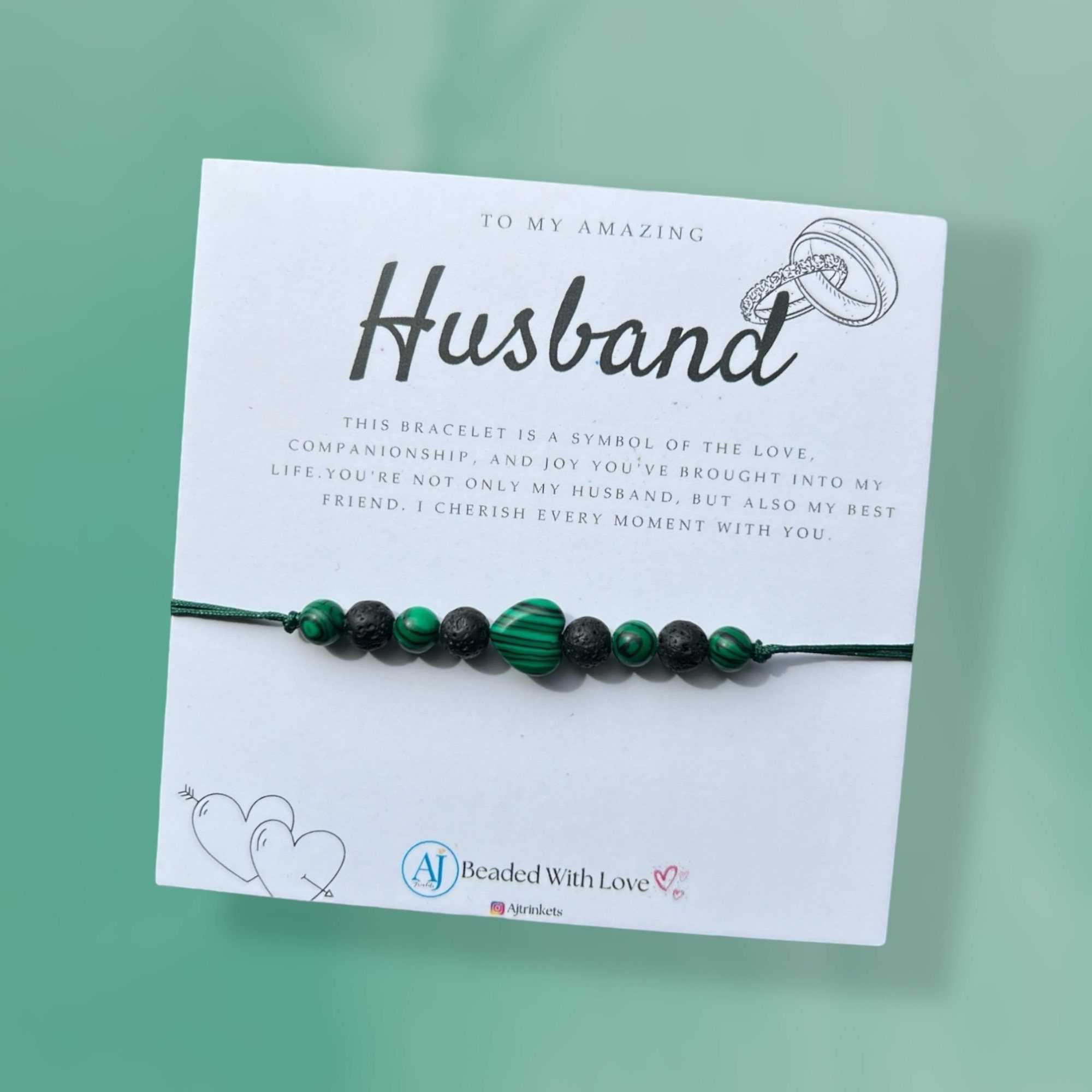 Handmade Malachite Heart Husband Bracelet - Adjustable Nylon Cord, Father’s Day gift