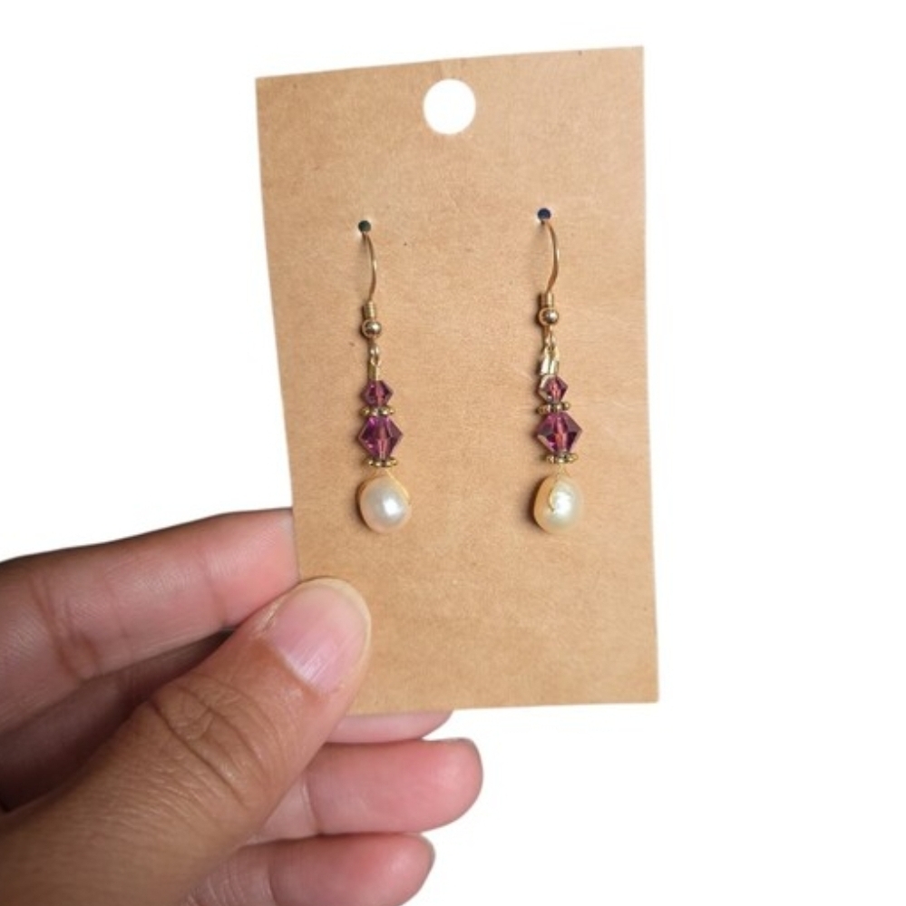 Gold Toned Drop Earrings with Purple Beads and Pearl Accent 1.5"