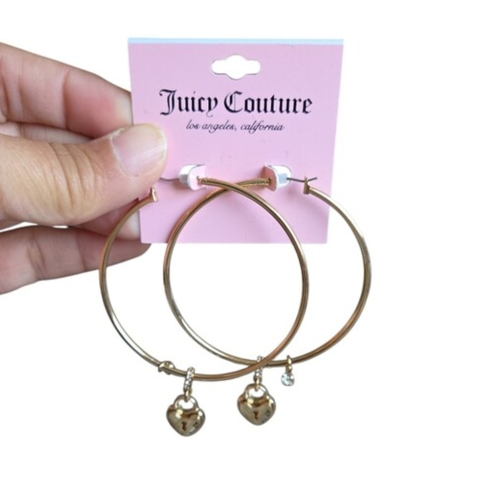 Juicy Couture Gold Hoop Earrings with Heart Charms and Crystal Accent