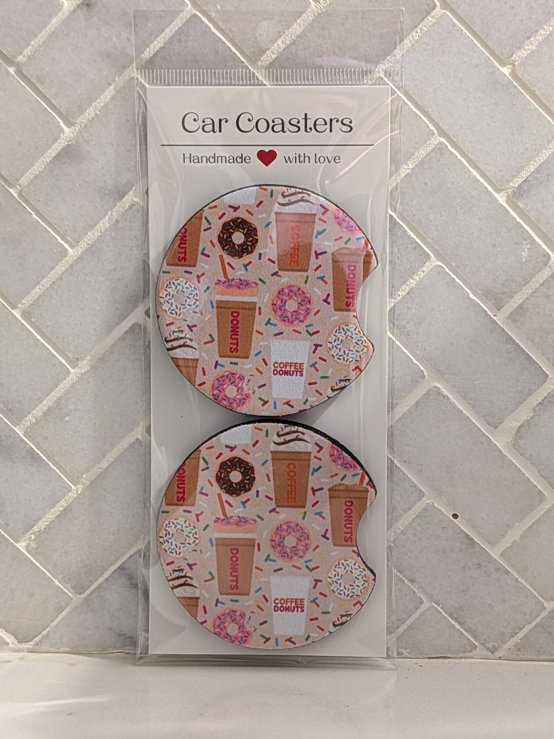 Sprinkle Donut and Coffee Inspired Car Coasters  : Beige