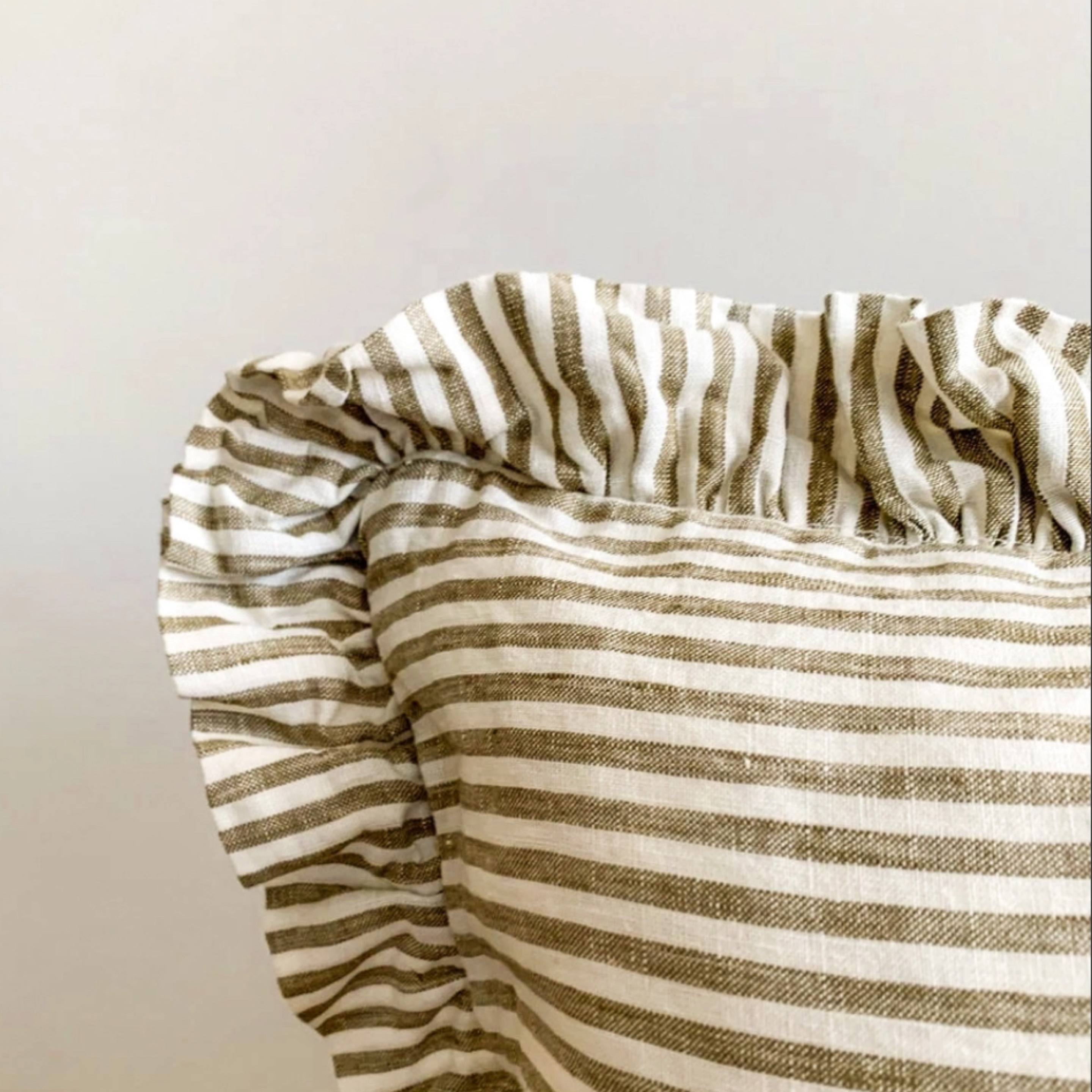 Pure French Linen Ruffle Lumbar - Olive Pinstripes