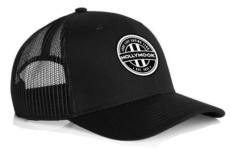 Black Mollymook Surf Life Saving Club trucker cap with mesh back and embroidered circular club logo.