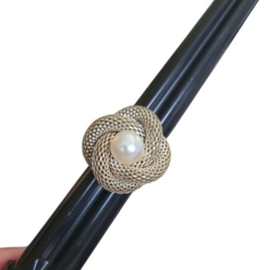 Vintage Size 12 Tarnished Silver-Tone Mesh Pearl Knot Ring