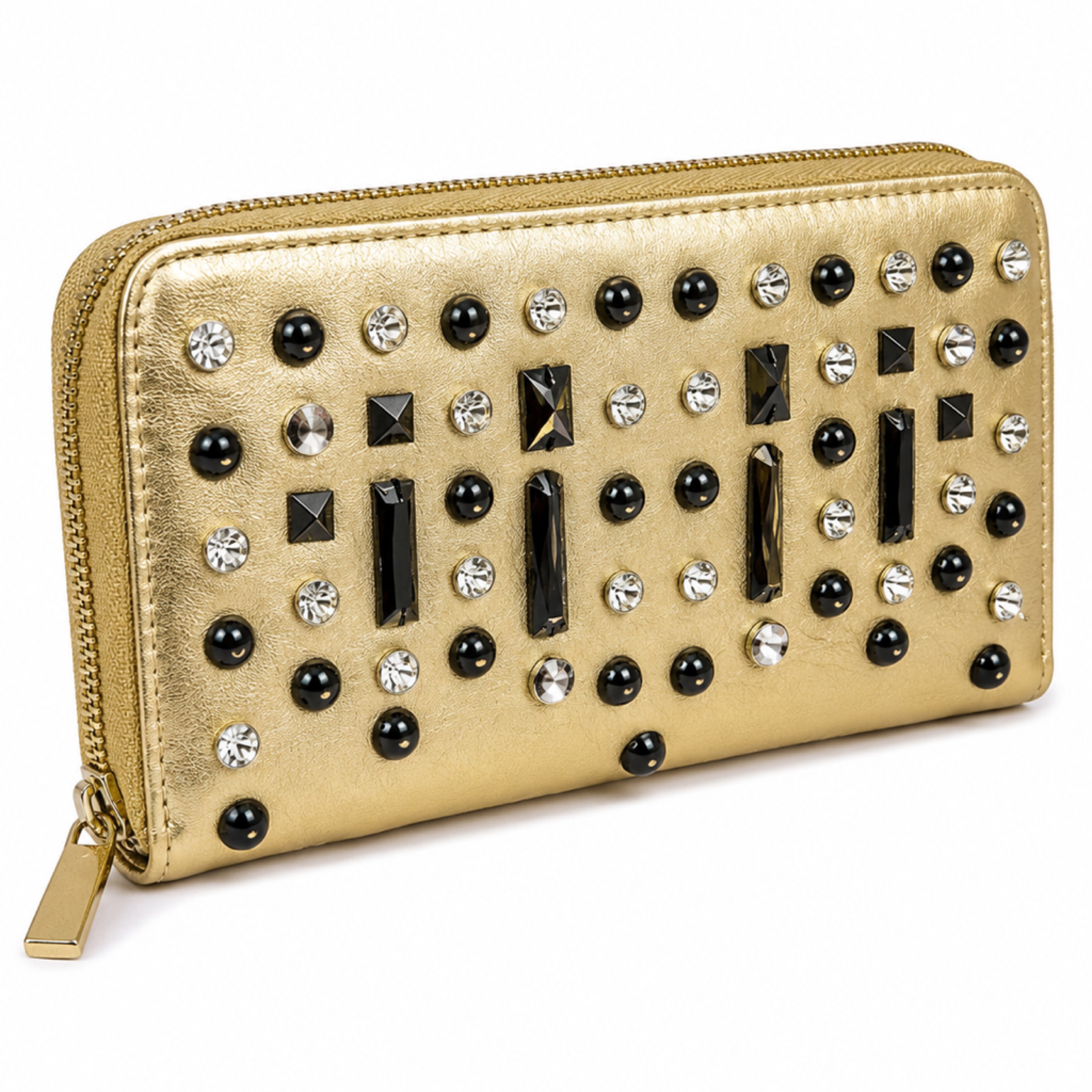Gold Studded Rhinestone Zip Wallet